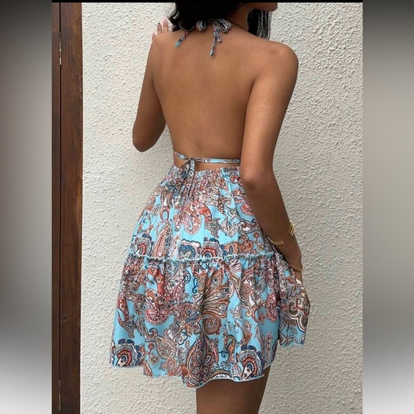 Paisley Halter Dress in Blue and Brown - Picture 2 of 7